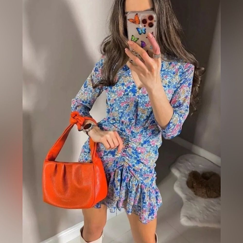 Zara Blue Floral Print Dress V neck   Ruffles Blogger size large